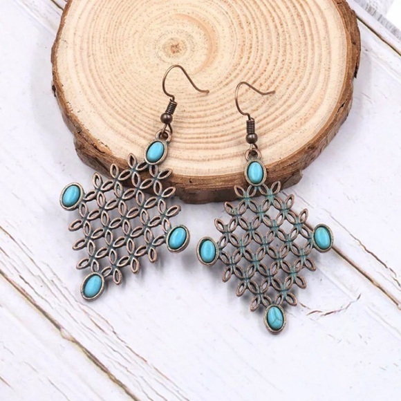 Vintage Style Bronze & Blue Tone Diamond Shaped Earrings - Picture 1 of 7